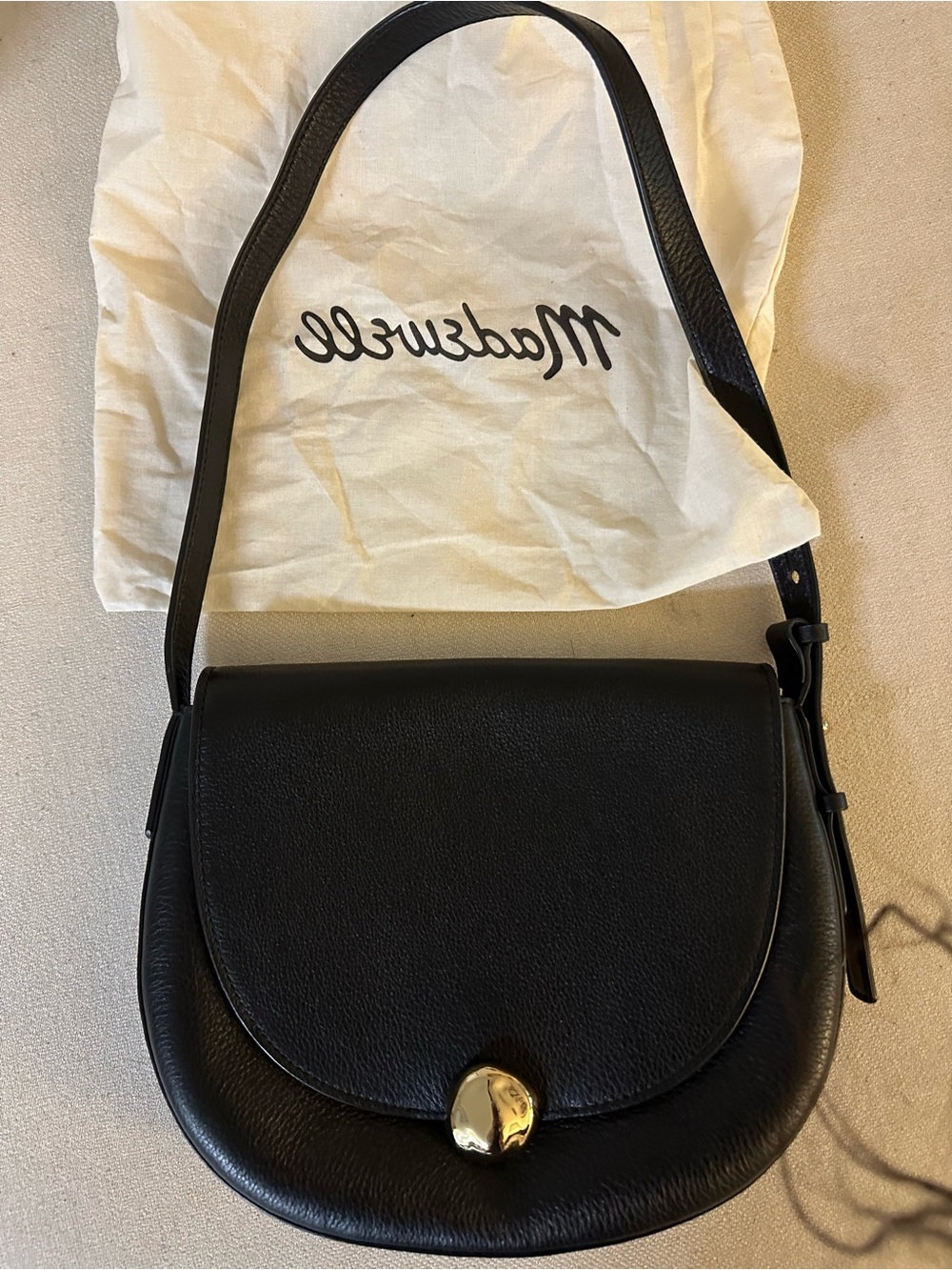 Madewell Black Leather Saddle Shoulder Bag with Gold Accent